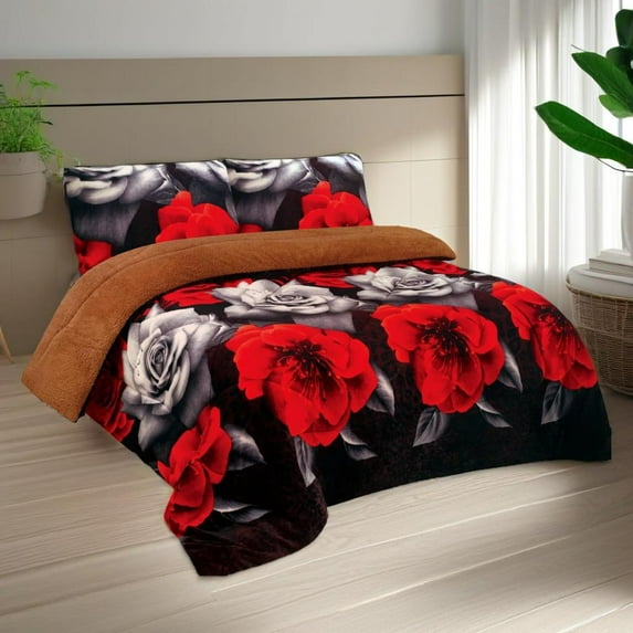 Elegant Red and Black Floral Queen Comforter Set - 3 Pieces, Soft Microfiber, Reversible Design