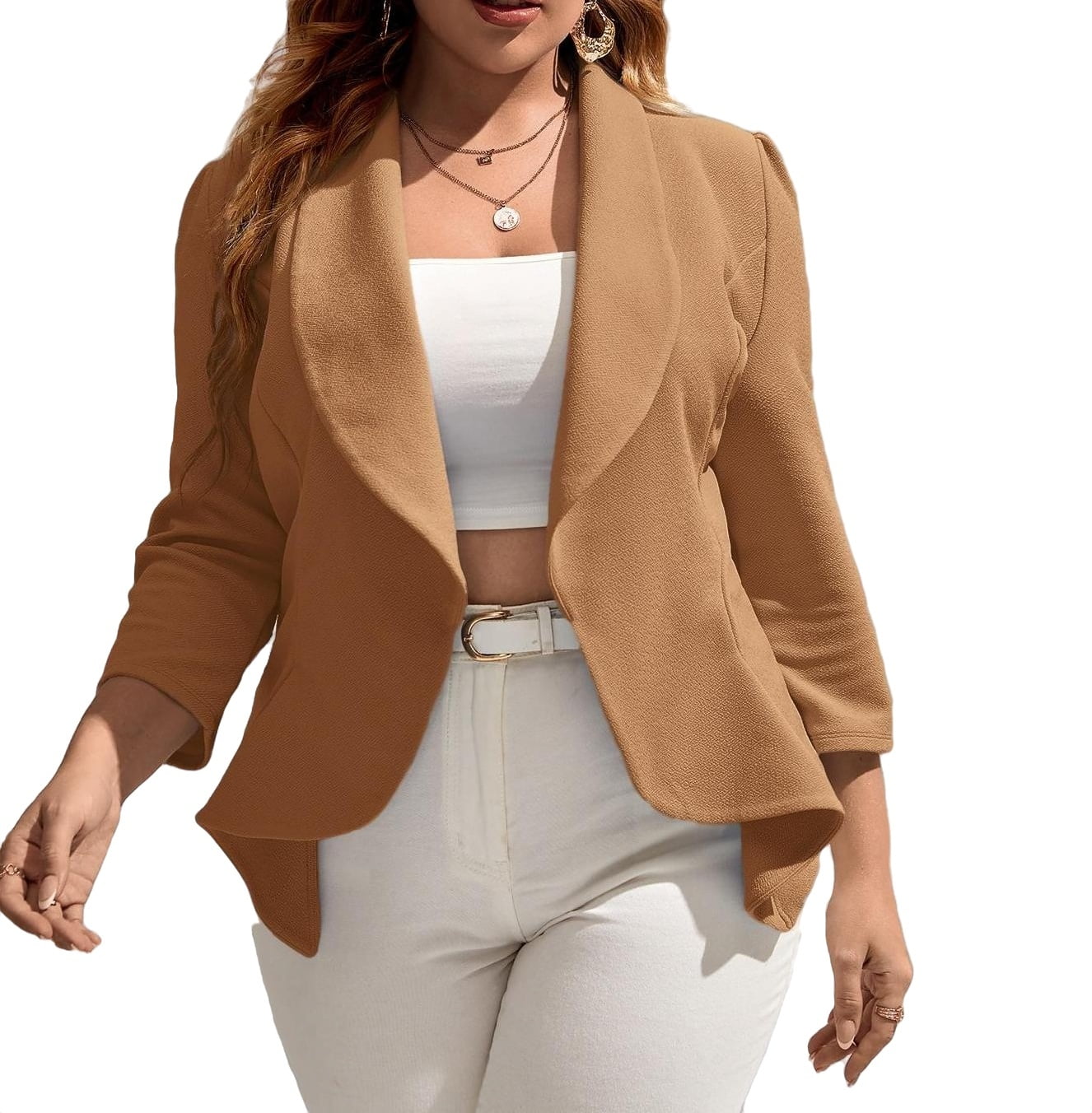 Elegant Regular 3 4 Sleeve Camel Plus Size Blazers Women s