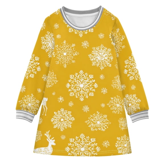 Elegant Reindeer with White Snowflakes Christmas Long-sleeved Dress A-line One-Piece Dress for 2-8 Years Casual Party 4T
