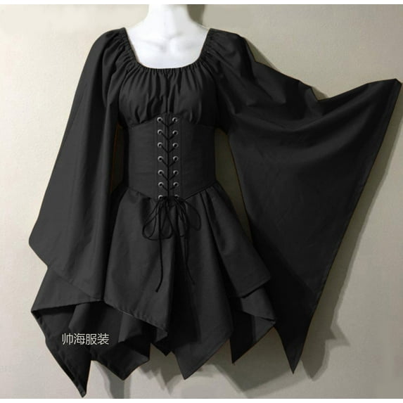 Elegant Renaissance Medieval Dress Long Sleeve Flared Cuff Ruffle Lace Up Vintage Maxi Dress Wholesale Dropshipping Fall Dress Long Sleeve Dress For Women
