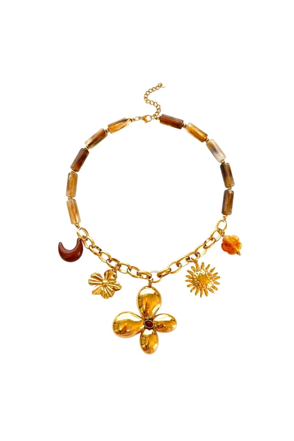 Elegant Resin Bead Necklace with Floral Sun Charm Stainless Steel Clavicle Chain Retro