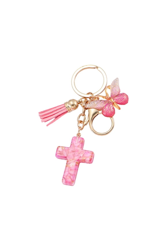 Elegant Resins Crosses and Butterfly Keychain with Tassels for Christian Religious Believers Backpack Bag Charm Keyring