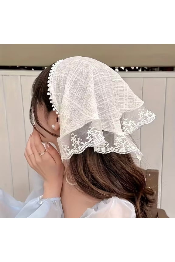 Elegant Retro French Lace Triangle Scarf for Women - Lightweight Polyester Fashion Accessory