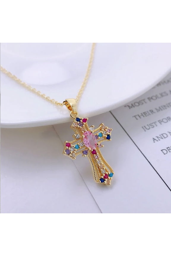 Elegant Retro Gold Cross Necklace Zircon Collarbone Chain