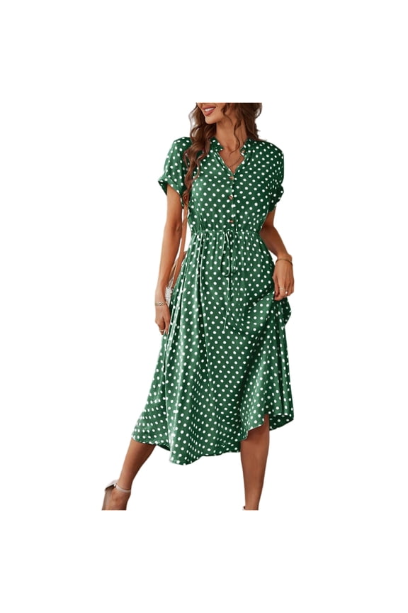 Elegant Retro Polka Dot Dress Women's Summer Midi Dress V Neck Single Breasted Short Sleeve Dresses Fashion Print Dress Gown Slim Fit Sweet Evening Dresses Army Green S