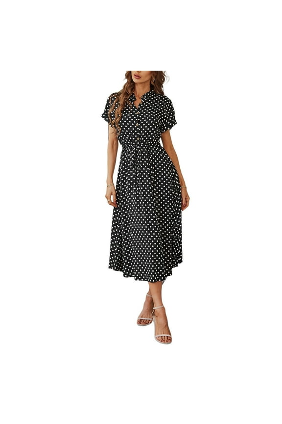 Elegant Retro Polka Dot Dress Women's Summer Midi Dress V Neck Single Breasted Short Sleeve Dresses Fashion Print Dress Gown Slim Fit Sweet Evening Dresses Black M