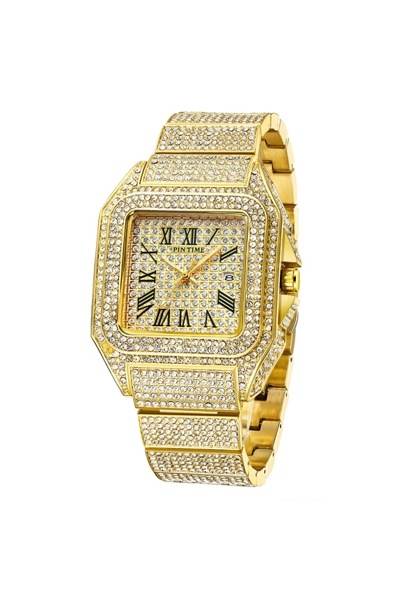 Elegant Rhinestone Calendar Quartz Watch - Waterproof, Fashionable, and Durable Strap - Stylish Square-Shaped Timepiece for Men