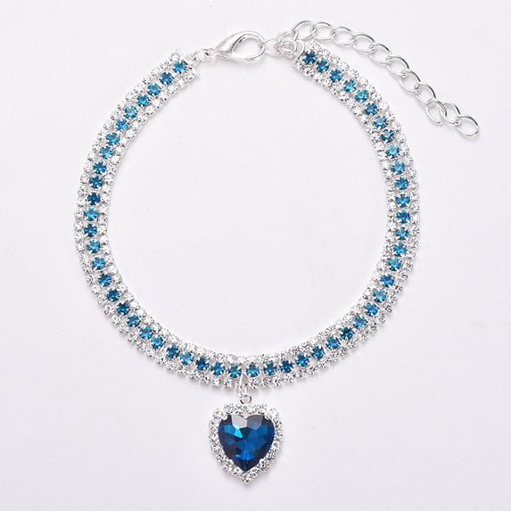 Elegant Rhinestone Cat Necklace Heart Shape Zircon Pendant Sparkling Jewelry for Small Dogs Festive Costume Accessory for Photo Shoots, Blue M
