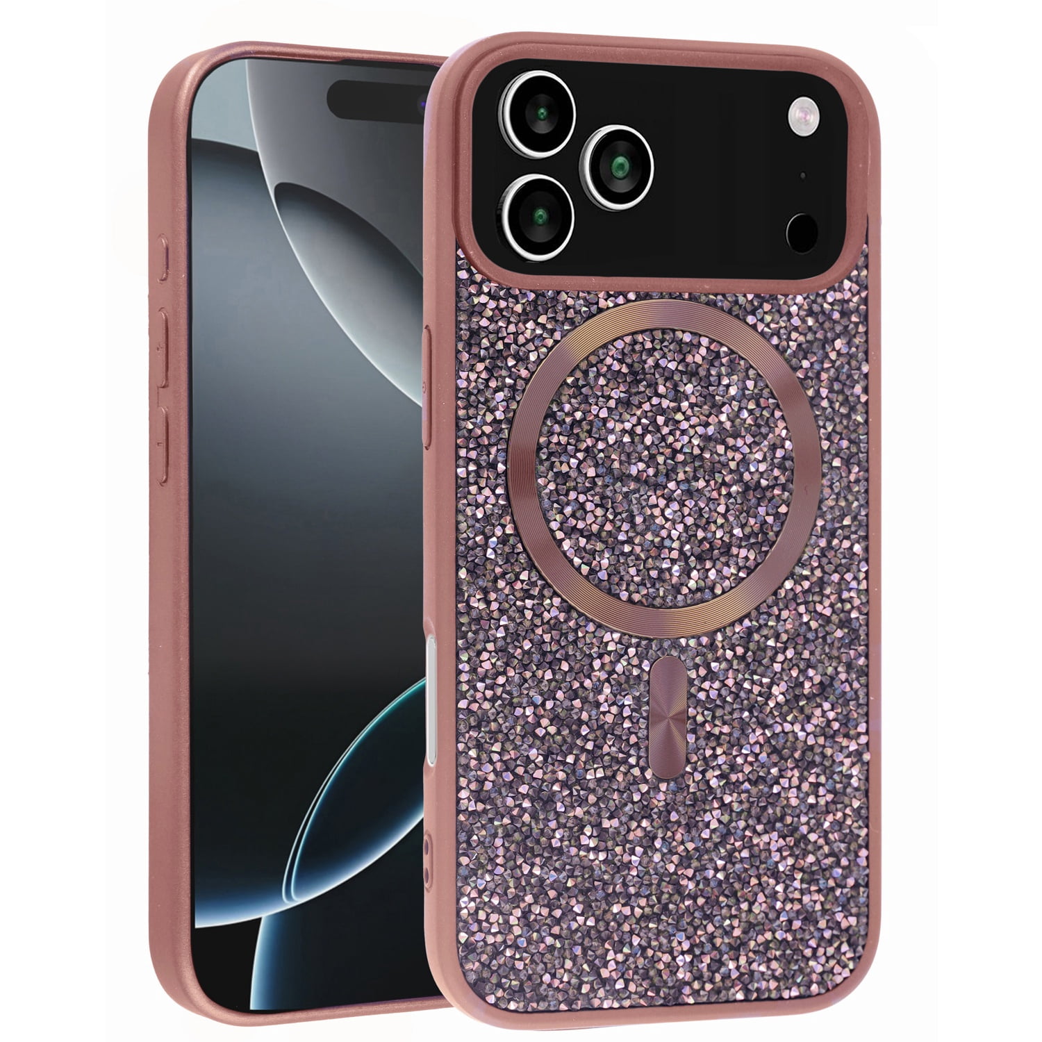 Elegant Rhinestone Diamond Case for iPhone 17 Pro Max with Wireless Charging - Rose Gold