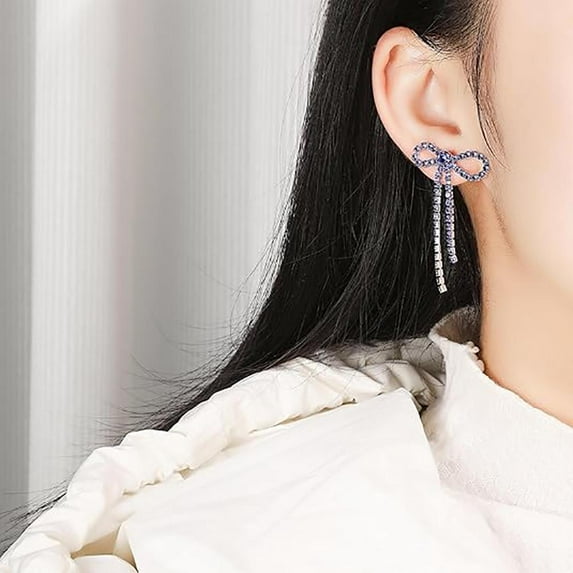 Elegant Rhinestone Ribbon Bow Tassel Drop Earrings 1 Pair Multi Color Gifts for Women