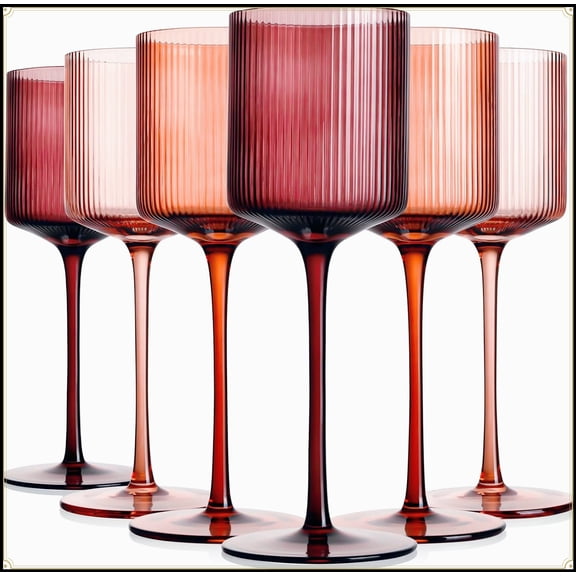 Elegant Ribbed Design Amber Wine Glasses Set of 6, 11.5oz Crystal Stemware