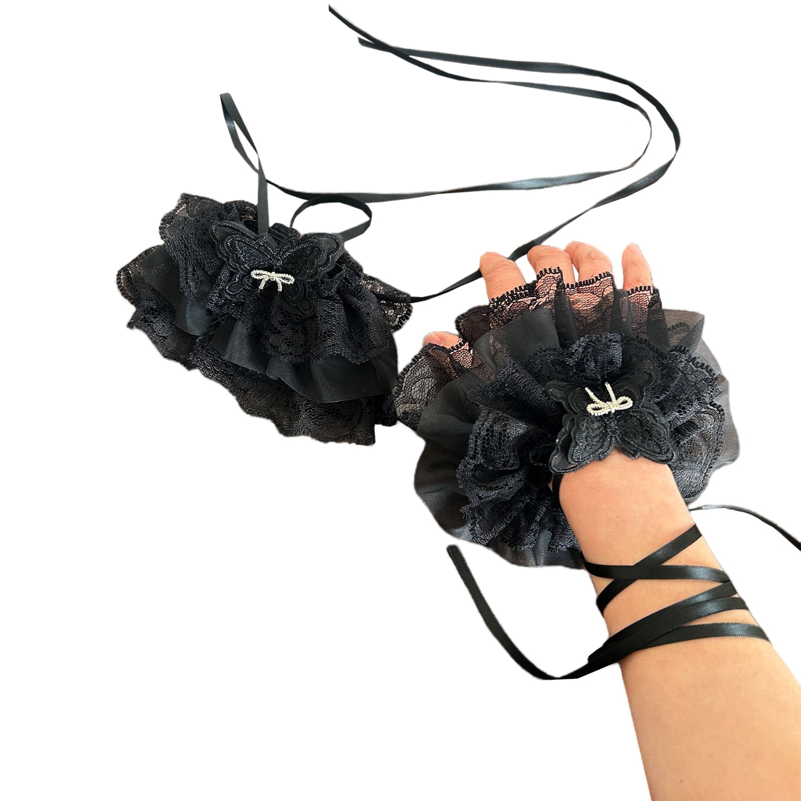 Elegant Ribbon Lace Wrist Cuffs False Sleeves Bowknot Jabot Costume ...