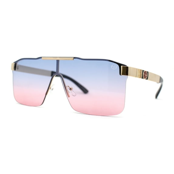 Elegant Rimless Flat Top Mobster Shield Racer Sunglasses Gold Blue Pink
