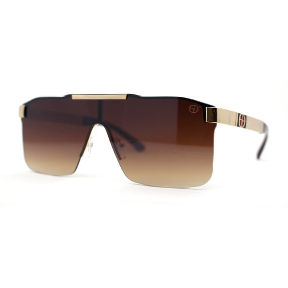 Elegant Rimless Flat Top Mobster Shield Racer Sunglasses Gold Brown