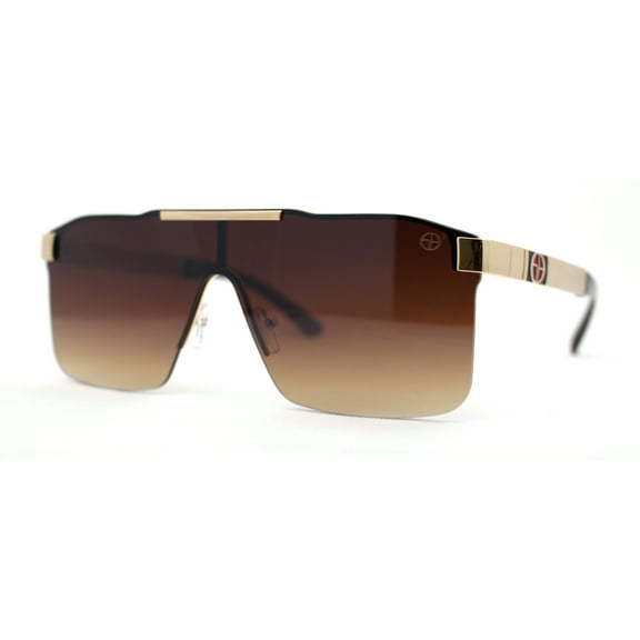 Elegant Rimless Flat Top Mobster Shield Racer Sunglasses Gold Brown