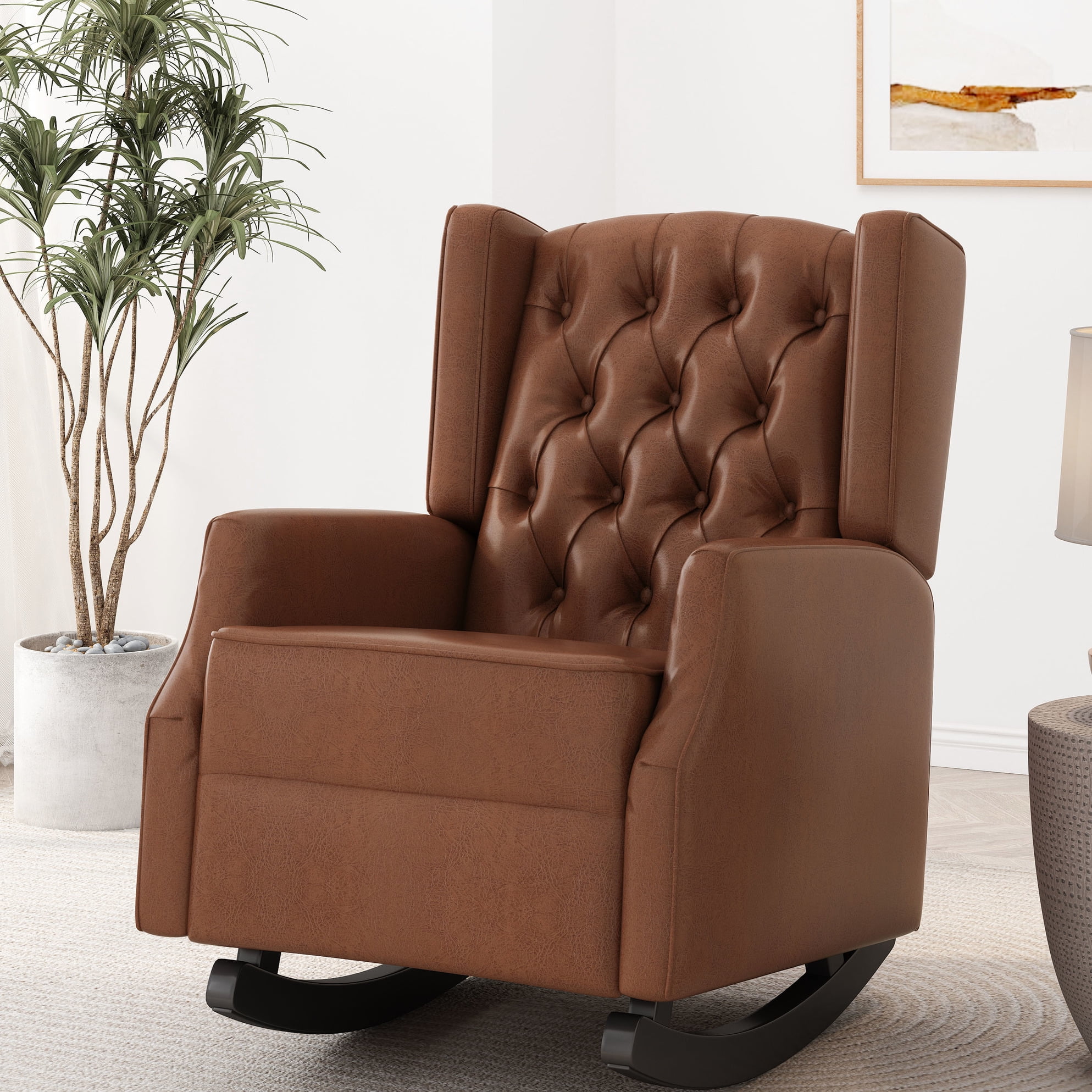 Elegant Rocking Chair In Brown With Button Stitch And Comfortable Wingback, 36.53" W X 37.28" H 25.81" D Fashionable Wingback Umbrella Holder, Pu Upholstery, 25.81"w 36.53"d 37.28"h