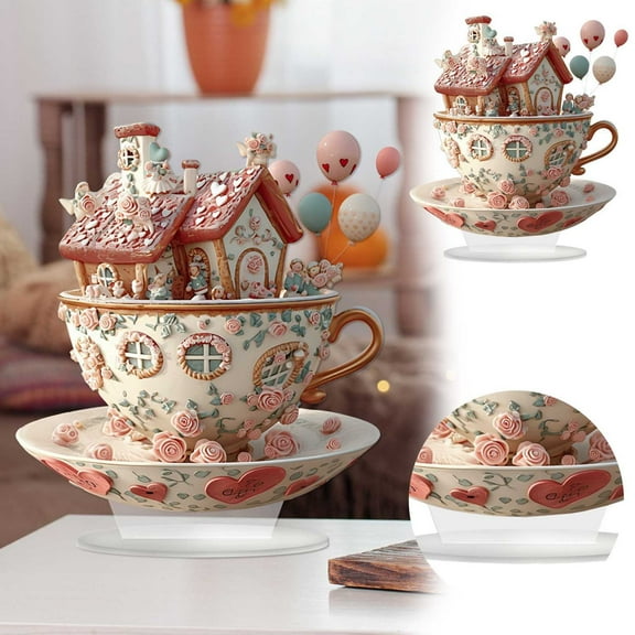 Elegant Romantic Valentine's Day European Style Dreamy Teacup Ornament - Acrylic Durable Table Centerpiece for Home Wedding Anniversary Decor