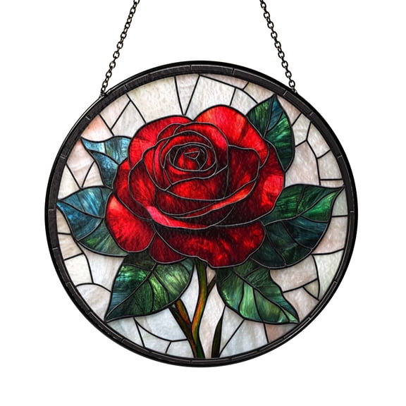 Elegant Rose Blossom Stained Glass Style Round Window Panel