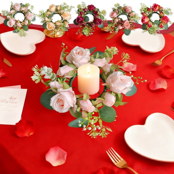 Elegant Rose Candle Rings,Candlestick Flower Wreath,Romantic Aesthetic Design,Enhance Dining Table Decor,Valentine's Party,Wedding Table Centerpiece,DIY Table Setting,Glass Candle topliu