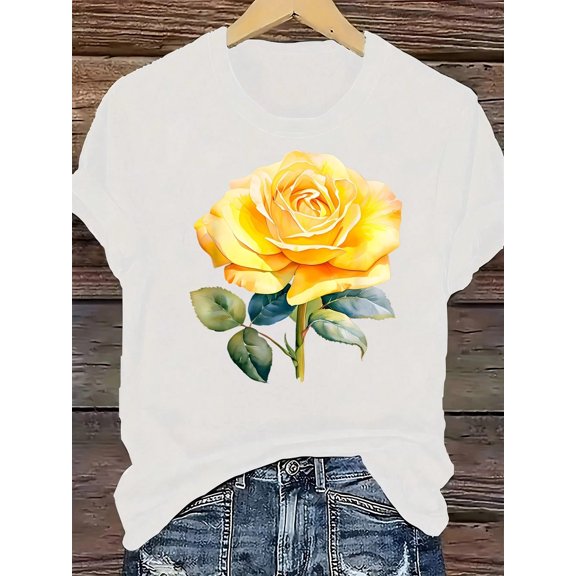 Elegant Rose Design Yellow T-Shirt With Floral Print For Spring Outfits