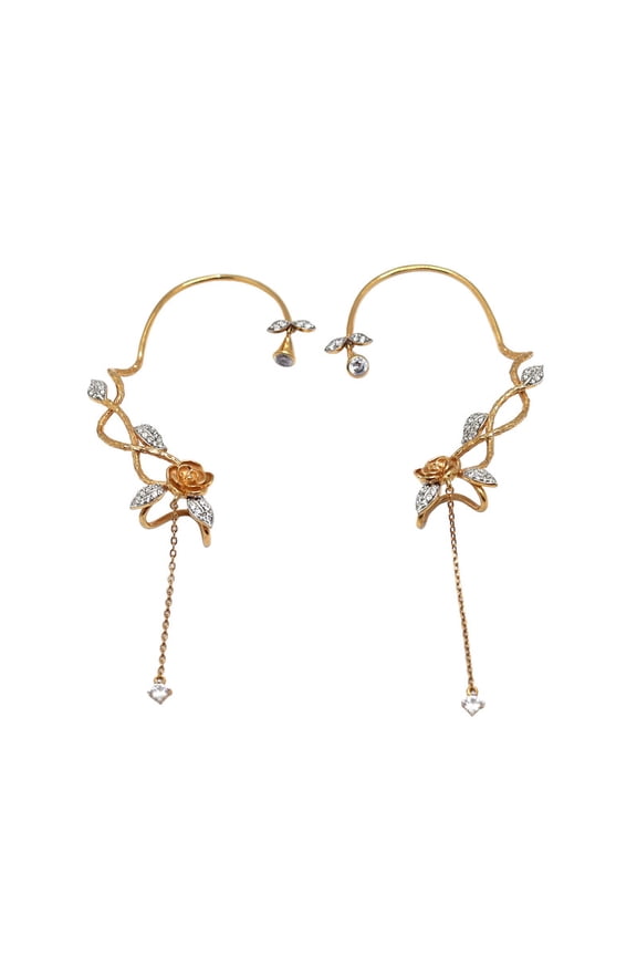 Elegant Rose Ear Cuff Earrings Moissanite Floral Design in Yellow Gold Plated Silver