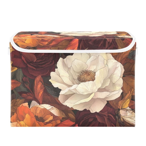Elegant Rose Floral Pattern Large Storage Bins with Linen Collapsible Lid Storage Box 16.7 x 12.6 x 11.8in