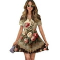 thumbnail image 1 of Elegant Rose Floral Print Women Dress V-Neck Short Sleeve Flowy Swing Party Midi Dress, 1 of 4