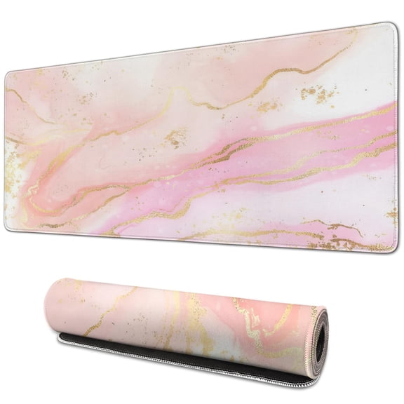 Elegant Rose Gold Marble Desk Mat - 31.5x11.8 Inch, Pink PU Leather, Waterproof, Perfect for Gaming & Writing