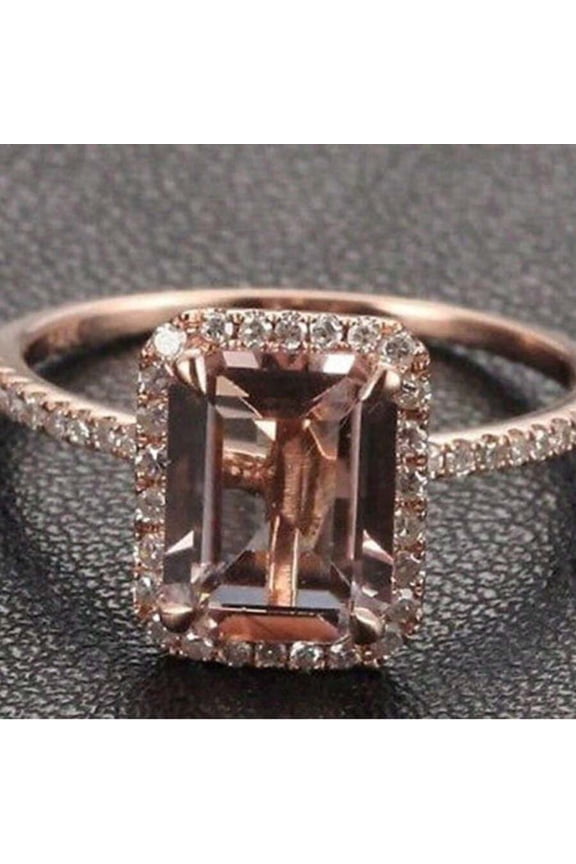 Elegant Rose Gold Plated Copper Ring With Emerald Cut Synthetic Zirconia And Halo Accents, Color 8