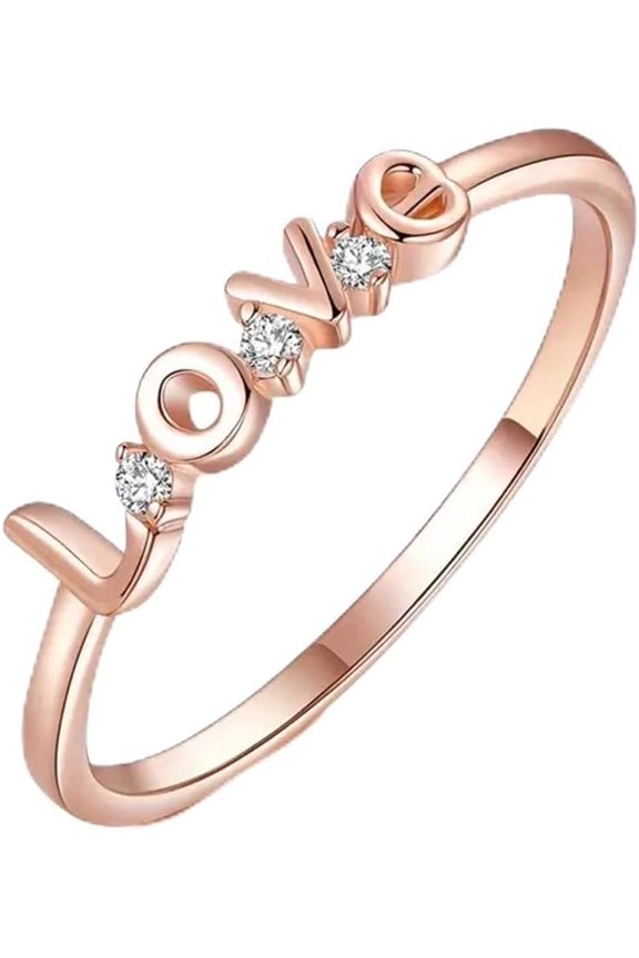 Elegant Rose Gold Plated Love Script Ring Thin Band Promise Simple Ring for Women Cubic Zirconia Stackable Engagement CZ Wedding Anniversary Statement Comfort Fit Ring (Size 6)