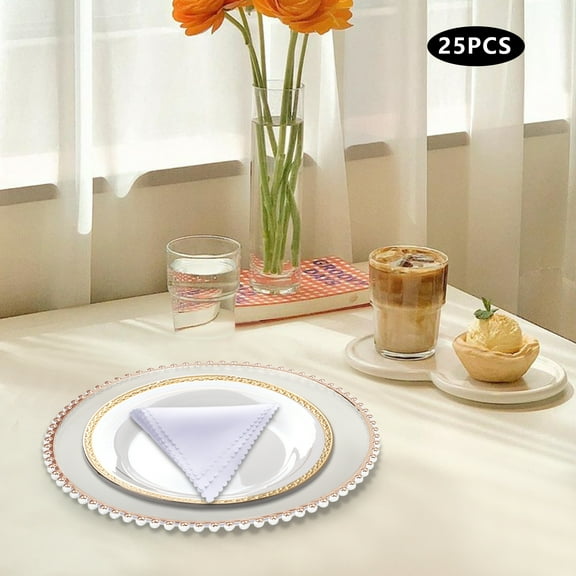 Elegant Rose Gold Rim Charger Plates, 25 Pcs Round PS Platters for Party Decor 12.6in