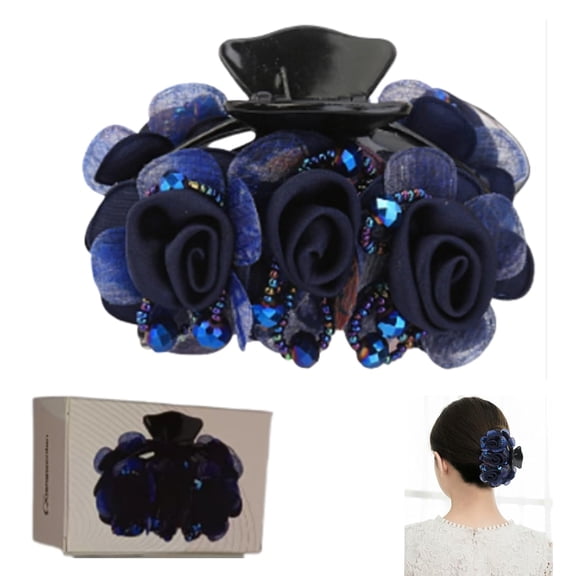 Elegant Rose Hair Clip, Navy Blue Floral Barrette with Rhinestones, Double Flower Design.hair accessories for women