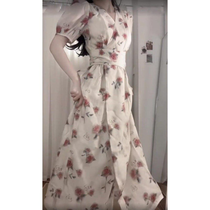 Elegant Rose Onepiece Summer Simple Strap Shortsleeved Long Dress Tea