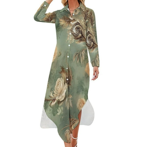 Elegant Roses Gold Feathers Design Shirt Dress Long Sleeve Street Fashion V Neck Oversized Casual Dress Women Evening Dress