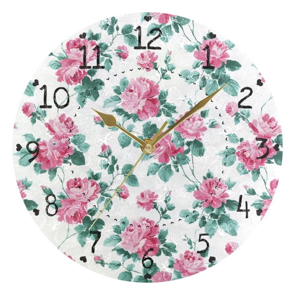 Elegant Roses Pink Leaves Round Wall Clock Silent Analog Battery Operated Gold Pointer Home Decor 9.84" Diameter