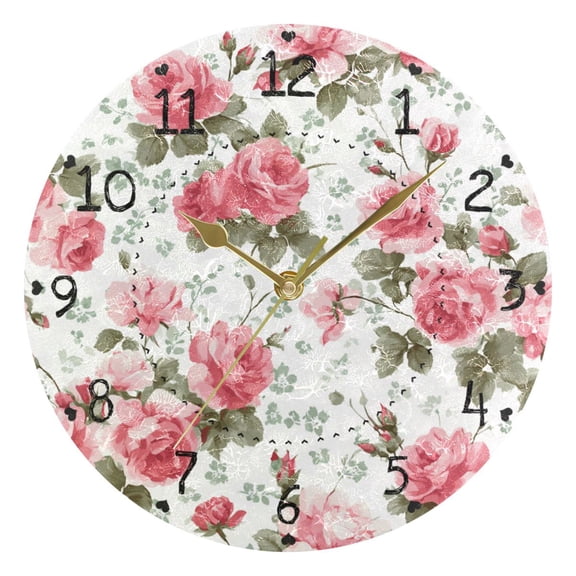 Elegant Roses Vintage Color Round Wall Clock Silent Analog Battery Operated Gold Pointer Home Decor 9.84" Diameter