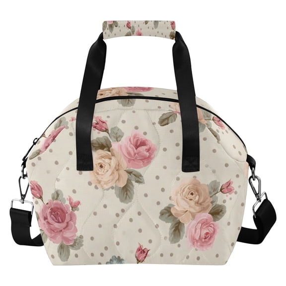 Elegant Roses with Polka Dots Chic Insulated Lunch Bag Reusable Quilted Lunch Box Waterproof Leakproof Lunch Container