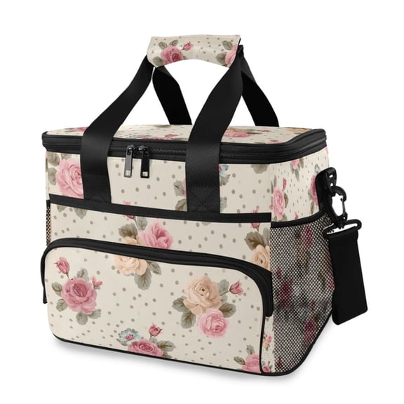 Elegant Roses with Polka Dots Chic Portable Cooler Lunch Box Reusable Insulated Lunch Bag Leakproof 15L