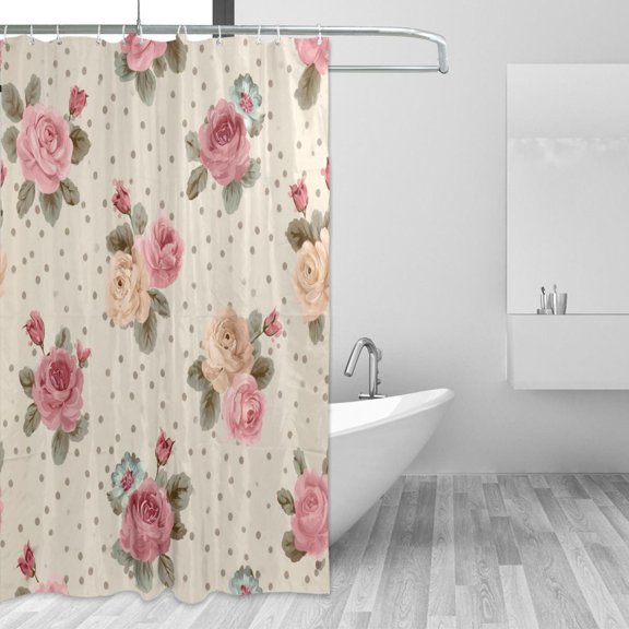 Elegant Roses with Polka Dots Chic Shower Curtains with 12 Hooks Waterproof Bathroom Decor 66" x 72"