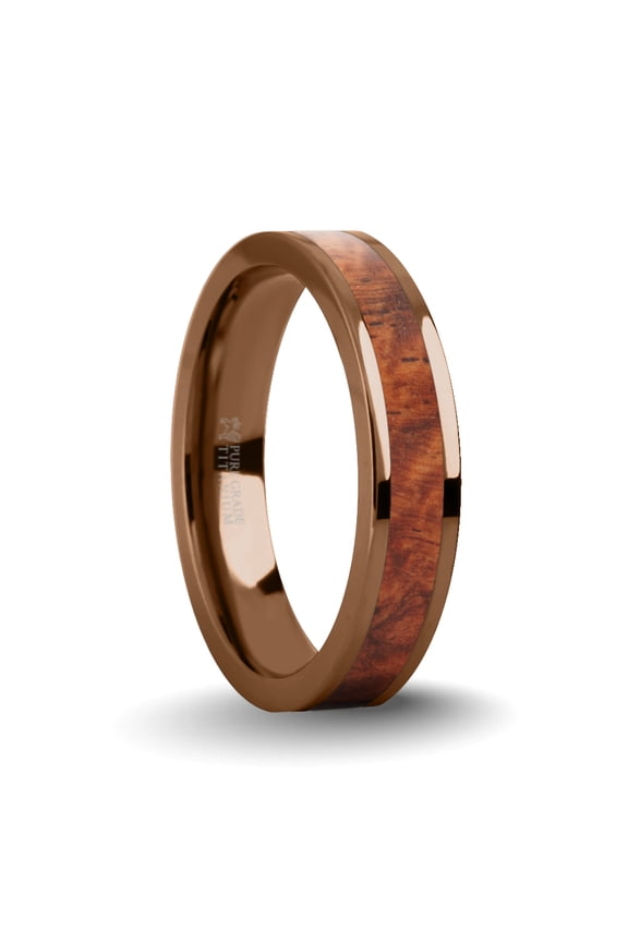 Elegant Rosewood Burl Wood Inlay Brown Titanium Wedding Ring, 4mm, Size 9