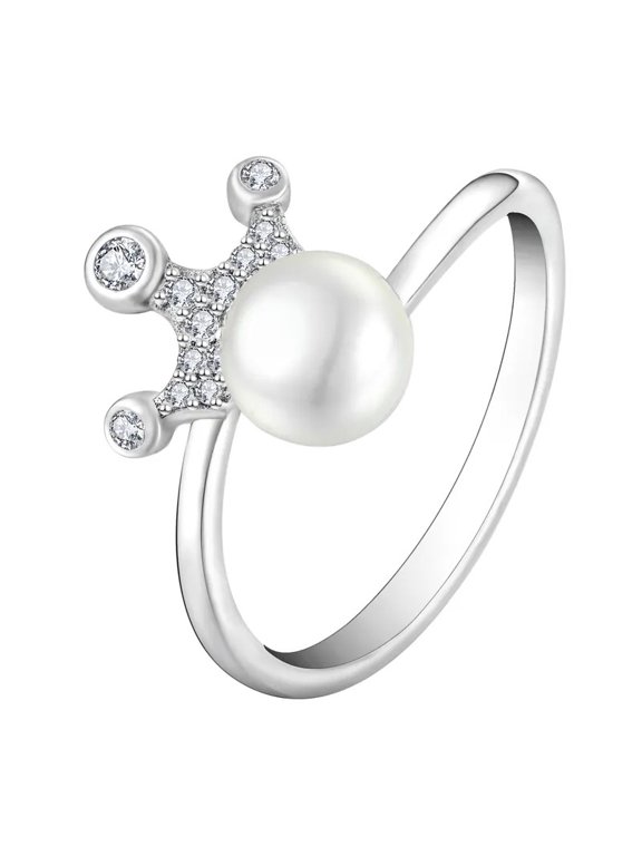 Elegant Round Button Natural Pearl & Lab-Created Diamond Crown Ring in 925 Sterling Silver – Timeless Beauty for Her