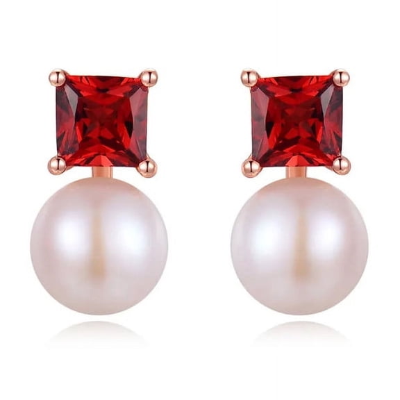 Elegant Round Button Pearl & 4mm Princess-Cut Lab-Created Red Garnet Stud Earrings for Women in 925 Sterling Silver – Timeless Design, Hypoallergenic, and Gift-Ready