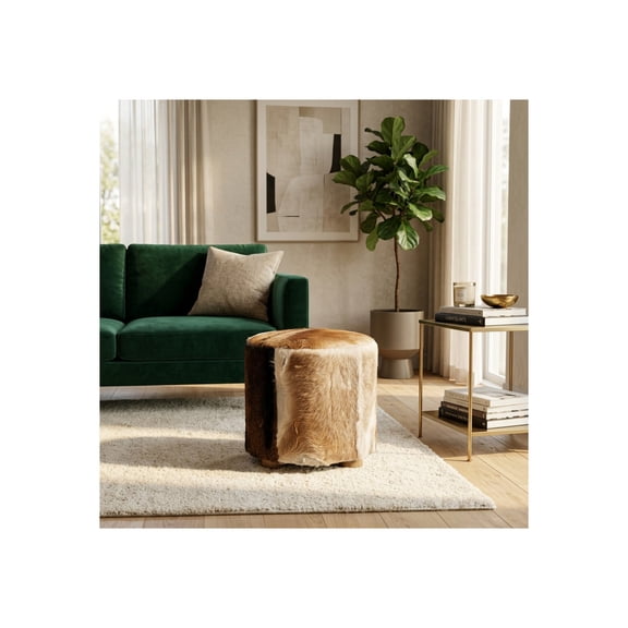 Elegant Round Cowhide Ottoman for Home Decor - Glam Patchwork Upholstery and Foot Rest Stool for Bedroom or Living Room Furniture - Decorative DisplayyAccent for Seating Piece - 18", Ivory & Tan