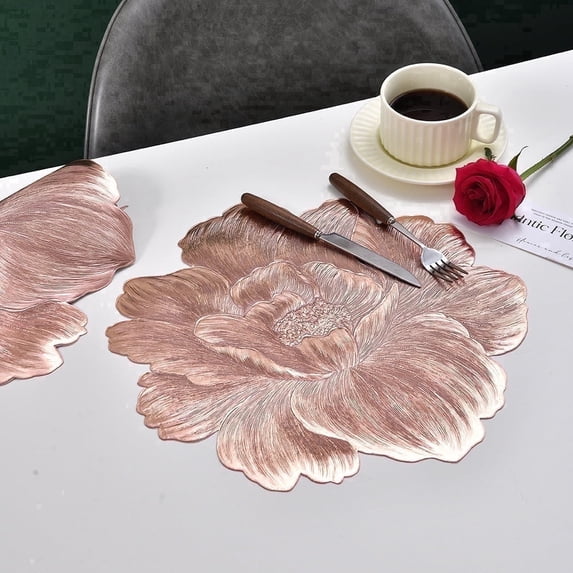 Elegant Round Floral Placemats 15x15 Inches Set of 4, Glossy Finish Easy Clean Table Mats for Daily Use