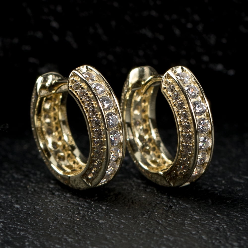 Elegant Round Luxury Fashion Circle Fully Iced Cz Cuff Small Yellow Gold Sterling Silver Post Cubic Zirconia Huggie Hoop Earrings Gifts For Men Women