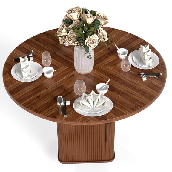 Elegant Round MDF Dining Table 1.2m, Storage Shelf, Wooden Sliding Door, Compact Size, Home Kitchen Canteen Use, Walnut Color, Durable Family Furniture