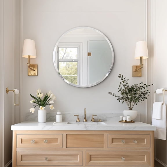 Elegant Round Mirror, 24 Inch Round Frameless Wall Mirror, Circle Mirror with Beveled Edge, Simple Look Round Bathroom Mirror