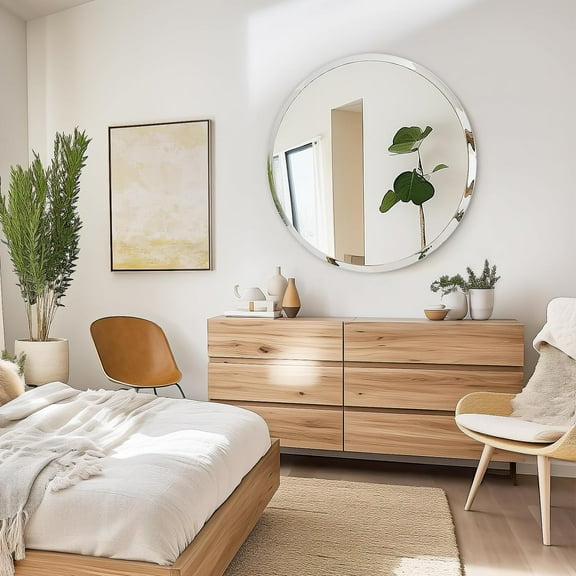 Elegant Round Mirror, 30 Inch Round Frameless Wall Mirror, Circle Mirror with Beveled Edge, Simple Look Round Bathroom Mirror