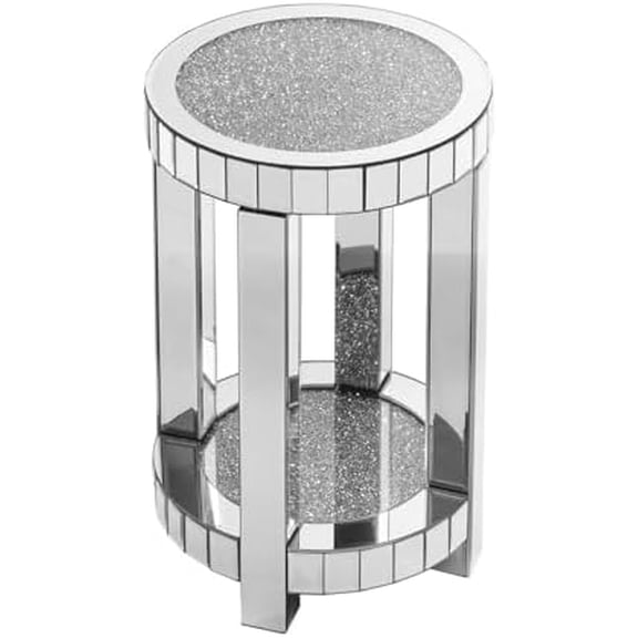 Elegant Round Mirrored Side Table with Crystal Embellished Top and Lower Shelf, 23.6" Height, Modern Accent Table for Living Room$$Furniture