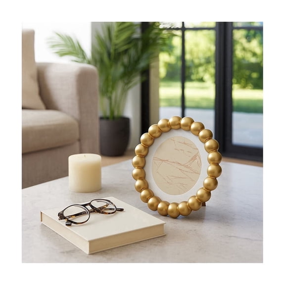 Elegant Round Picture Frame with Beaded Border - Decorative Wall and Tabletop Picture Frame with Removeable Matted - Stylish Frames for Artwork and Pictures Display in Bedroom or Entryway - 7", Gold
